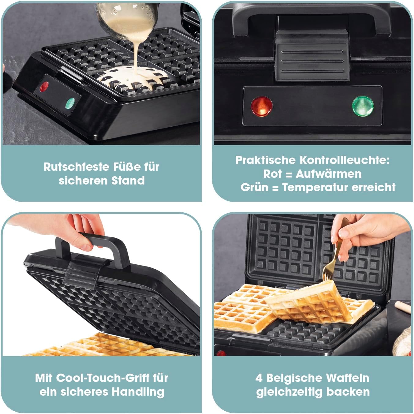 GOURMETmaxx Waffeleisen für 4 Belgische Waffeln | Waffelautomat mit Antihaftbeschichtung, stufenlos einstellbarer Bräunungsgrad und Kontrollleuchte | Duftende belgische Waffeln ganz einfach zubereitet — Ansicht 3