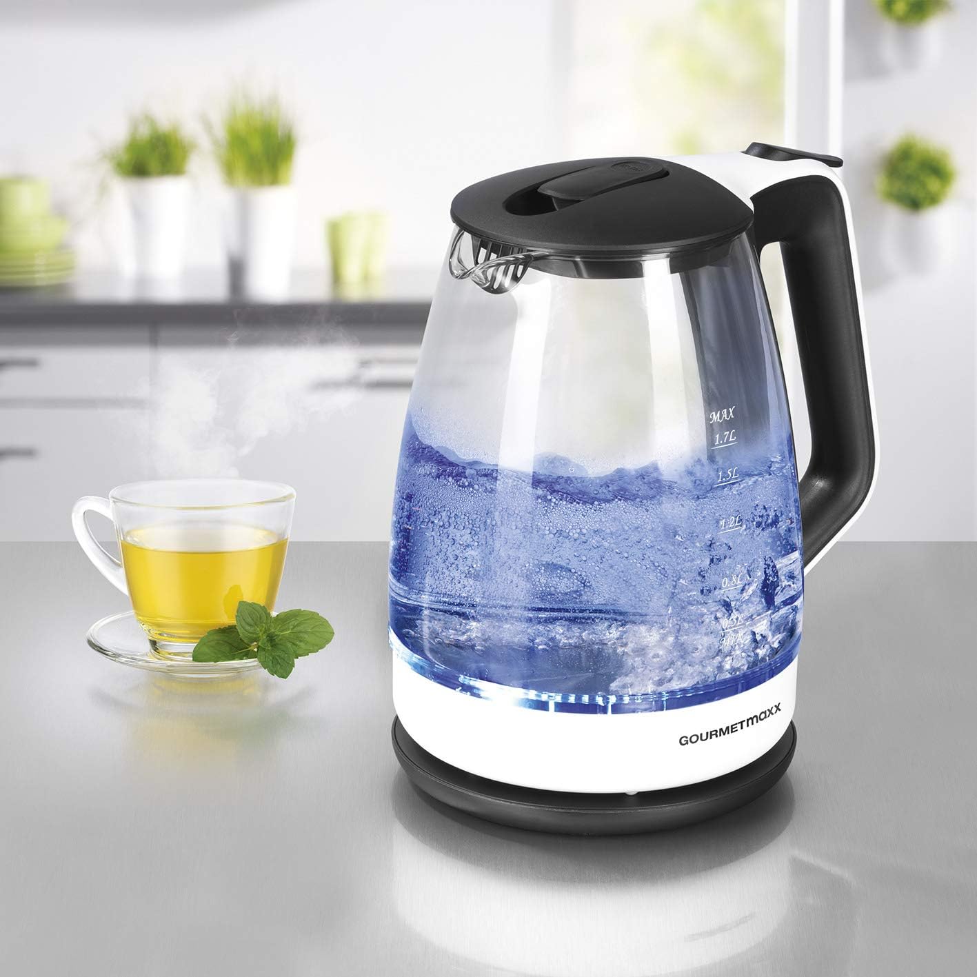 GOURMETmaxx Wasserkocher Glas 1,7 l Füllmenge | LED Beleuchtung | Edelstahl-Chrom-Optik | Elektrischer Glas Wasserkocher [1,7 Liter / 2200 Watt] — Ansicht 4