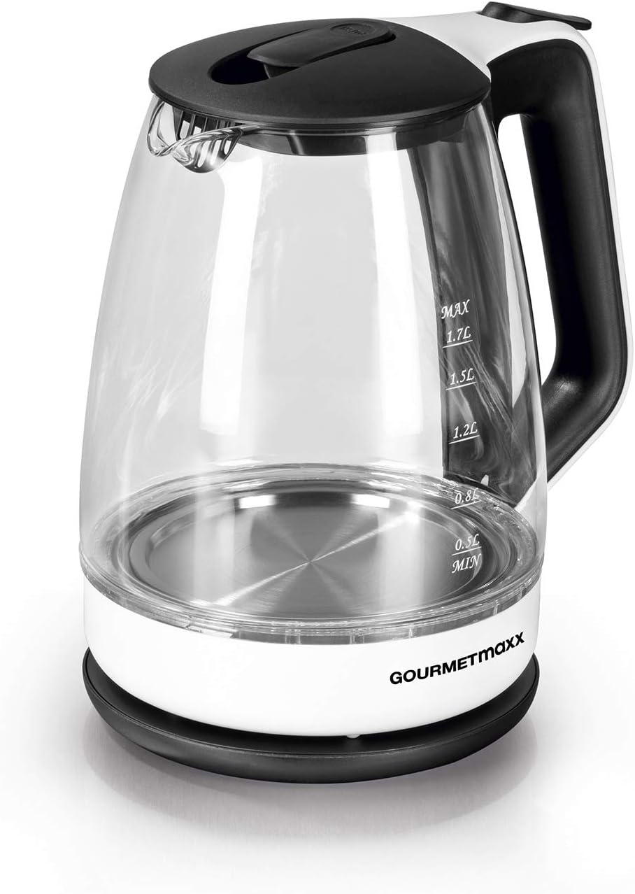 GOURMETmaxx Wasserkocher Glas 1,7 l Füllmenge | LED Beleuchtung | Edelstahl-Chrom-Optik | Elektrischer Glas Wasserkocher [1,7 Liter / 2200 Watt]