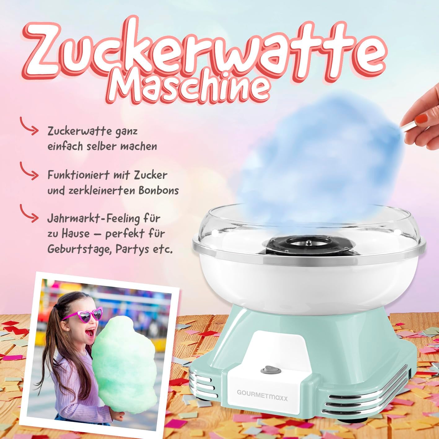 GOURMETmaxx Zuckerwattemaschine für Zuhause | Das Original mit 10 Stäbchen & Messlöffel in nostalgischem Retro-Design in mint | Cotton Candy in höchster Qualität für jeden Anlass [Mint] — Ansicht 2