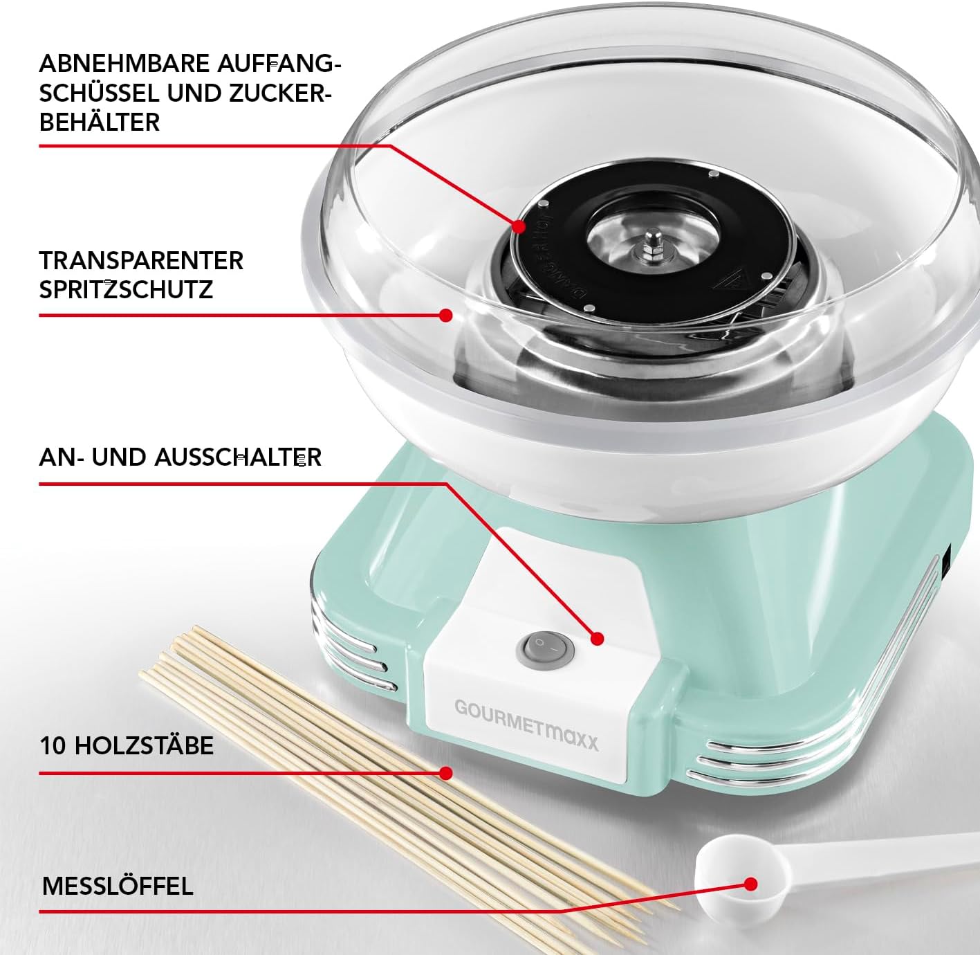 GOURMETmaxx Zuckerwattemaschine für Zuhause | Das Original mit 10 Stäbchen & Messlöffel in nostalgischem Retro-Design in mint | Cotton Candy in höchster Qualität für jeden Anlass [Mint] — Ansicht 6