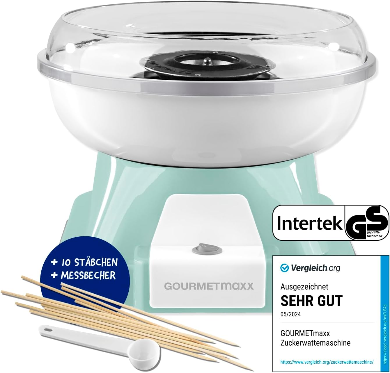 GOURMETmaxx Zuckerwattemaschine für Zuhause | Das Original mit 10 Stäbchen & Messlöffel in nostalgischem Retro-Design in mint | Cotton Candy in höchster Qualität für jeden Anlass [Mint]