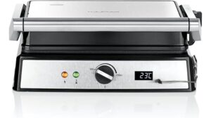 Der GOURMETmaxx Kontaktgrill ist ein Elektrogrill aus Edelstahl für Ihren Haushalt. Er verfügt über einen Griff, einen Drehknopf, Kontrollleuchten, eine digitale Temperaturanzeige bei 23 °C und einen angeschlossenen Temperaturfühler. Perfekt für jeden Kontaktgrill-Test.