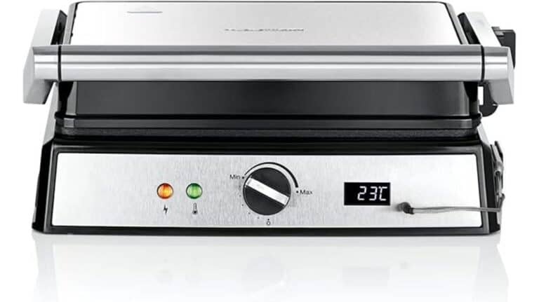 Der GOURMETmaxx Kontaktgrill ist ein Elektrogrill aus Edelstahl für Ihren Haushalt. Er verfügt über einen Griff, einen Drehknopf, Kontrollleuchten, eine digitale Temperaturanzeige bei 23 °C und einen angeschlossenen Temperaturfühler. Perfekt für jeden Kontaktgrill-Test.