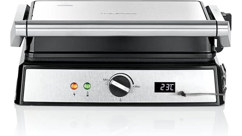Der GOURMETmaxx Kontaktgrill ist ein Elektrogrill aus Edelstahl für Ihren Haushalt. Er verfügt über einen Griff, einen Drehknopf, Kontrollleuchten, eine digitale Temperaturanzeige bei 23 °C und einen angeschlossenen Temperaturfühler. Perfekt für jeden Kontaktgrill-Test.