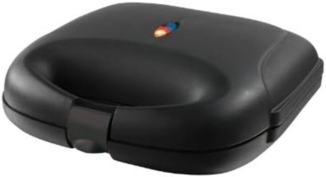 Ein geschlossener schwarzer Gourmet Maxx Vario Chef Sandwichmaker mit Verschluss und Kontrollleuchte an der Oberseite – ideal für schnelle Snacks. Bewertung und Vor- und Nachteile dieses Modells überzeugen viele Nutzer.