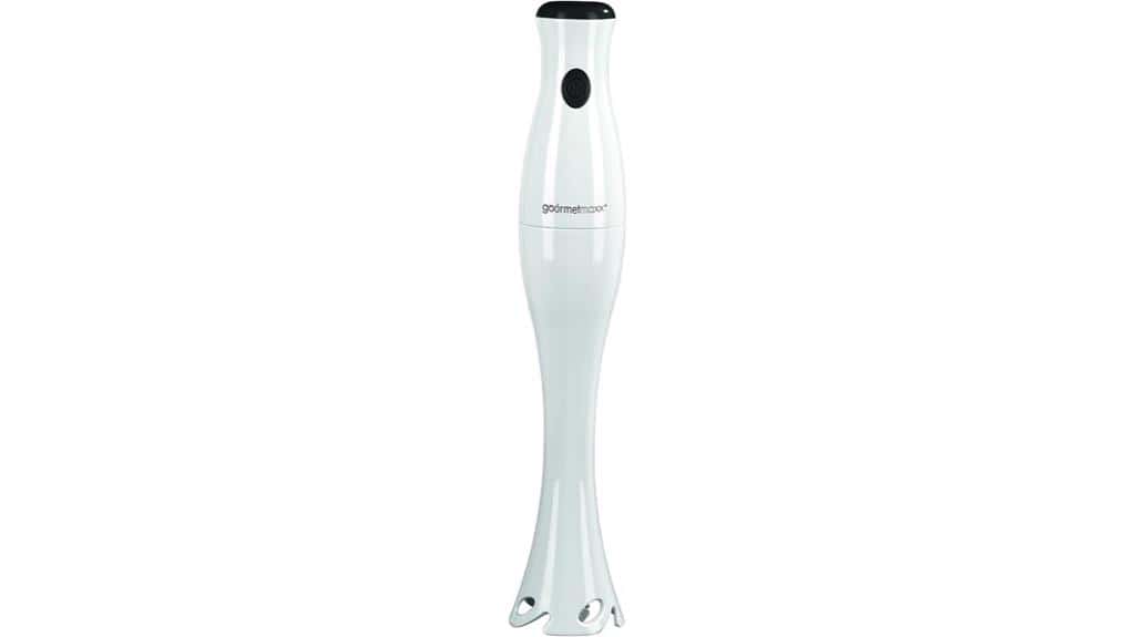 Ein weißer Gourmetmaxx Stabmixer mit schwarzem Knopf und dem Markennamen „gourmetmaxx“ auf der Vorderseite – ideal für Ihre Küche und hoch bewertet in der Stabmixer-Bewertung.