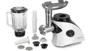 Ein Multifunktions-Küchengerät von Gourmetmaxx mit Mixer- und Fleischwolf-Aufsätzen, verschiedenen Scheiben und Zubehör übersichtlich auf einer weißen Fläche angeordnet – perfekt für jede Küche. Bewertung: Hervorragend!.