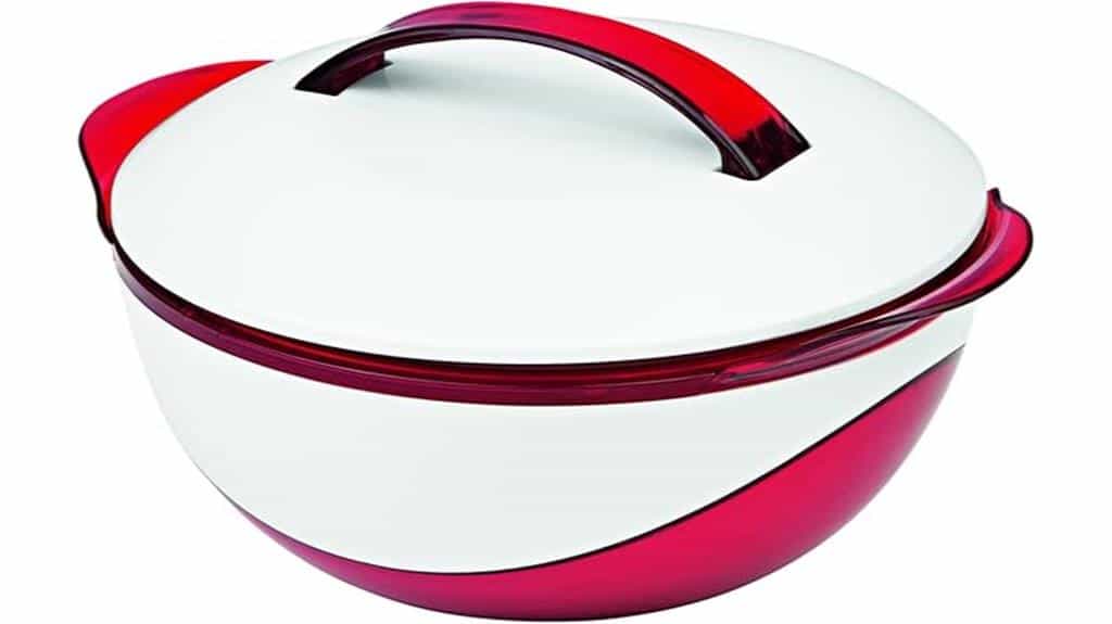 Eine rot-weiße GOURMETmaxx 06499 Thermo Bowl Auflaufform aus Kunststoff mit passendem Deckel und Griff oben.