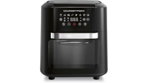 Ein schwarzer Heißluftfritteuse-Ofen von GOURMETmaxx XXL mit Digitalanzeige und Bedientasten auf der Vorderseite, ideal für gesundes Kochen – sehen Sie, warum er von Benutzern Top-Bewertungen erhält.