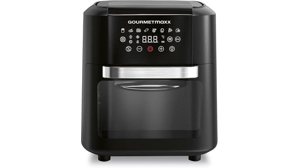Ein schwarzer Heißluftfritteuse-Ofen von GOURMETmaxx XXL mit Digitalanzeige und Bedientasten auf der Vorderseite, ideal für gesundes Kochen – sehen Sie, warum er von Benutzern Top-Bewertungen erhält.