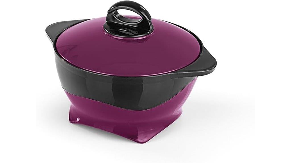Lila-schwarze GOURMETmaxx Thermo-Auflaufform mit passendem Deckel und schwarzen Griffen, perfekt zum Frischhalten von Essen, dargestellt auf weißem Hintergrund.