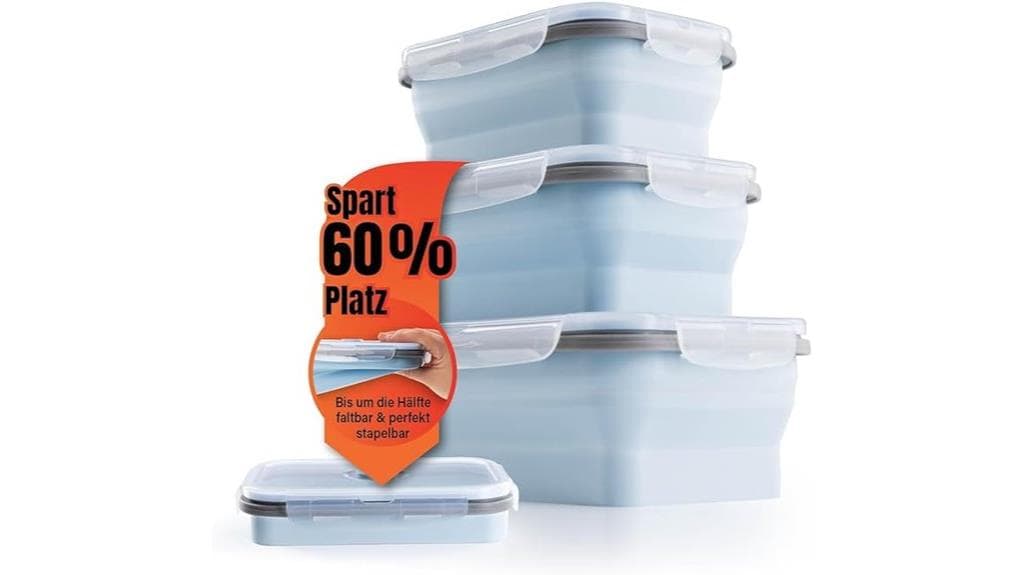 Vier GOURMETmaxx Klick-it-Behälter werden gestapelt gezeigt, mit einem roten Label „Spart 60 % Platz“ – eine platzsparende Lösung. Im Testbericht überzeugen sie durch ihr praktisches, stapelbares und zusammenklappbares Design.