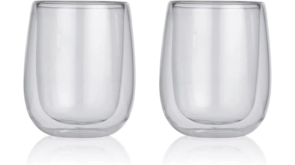 Zwei doppelwandige Glasbecher vom Typ GOURMETmaxx Thermal-Gläser stehen nebeneinander auf weißem Untergrund und bieten eine stilvolle Möglichkeit, Ihre Lieblingsgetränke zu genießen.