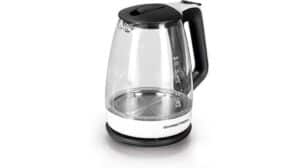 Auf seinem Sockel steht ein durchsichtiger GOURMETmaxx Glas-Wasserkocher mit schwarzem Griff und Deckel, der über sichtbare Wasserstandsmarkierungen verfügt – perfekt für punktgenaues Kochen und mit Top-Bewertungen der Nutzer.
