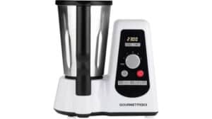 Ein weiß-schwarzer 8-in-1-Thermischer Multikocher mit Digitalanzeige, Drehknopf, Tasten und einem Edelstahl-Mixbehälter mit der Aufschrift „GOURMETmaxx“. Perfekt für jeden Multikocher-Test.