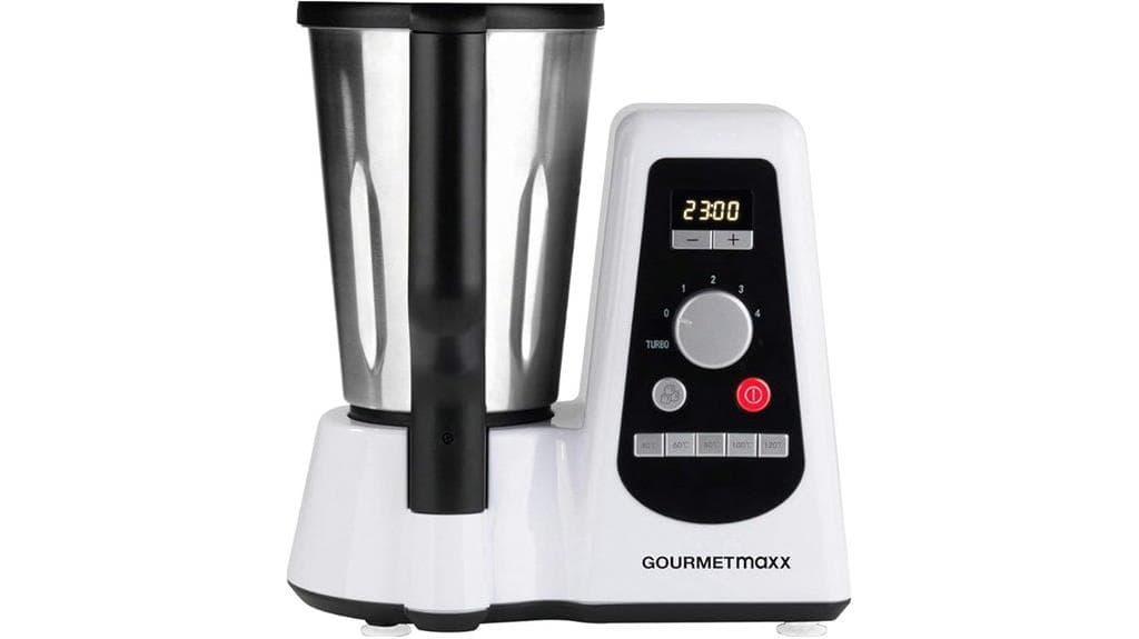 Ein weiß-schwarzer 8-in-1-Thermischer Multikocher mit Digitalanzeige, Drehknopf, Tasten und einem Edelstahl-Mixbehälter mit der Aufschrift „GOURMETmaxx“. Perfekt für jeden Multikocher-Test.